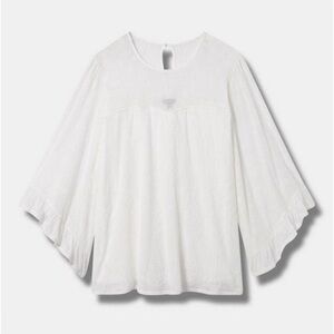 Bright White Flocked Mesh Crew Neck Bell Sleeve Swing Top